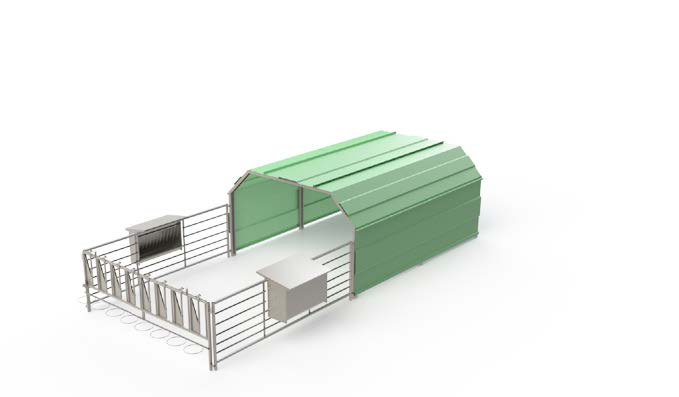 BOXE CHAPA PRELACADA EN VERDE CON CORRAL.CON TOLVA PAJA A810, TOLVA PIENSO A811. L=7,683M H=1,727M A=2,741M