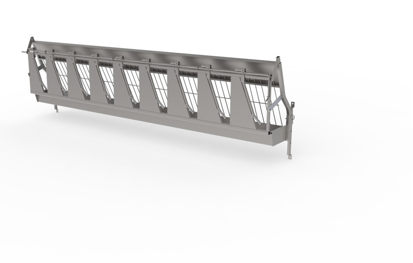 COMEDERO OVINO PARA COLOCAR EN PARED. INCORPORA PANEL DE AMARRE OVINO B031. NUEVE PLAZAS. GEF. L=3M H=0,67M H=0,411M